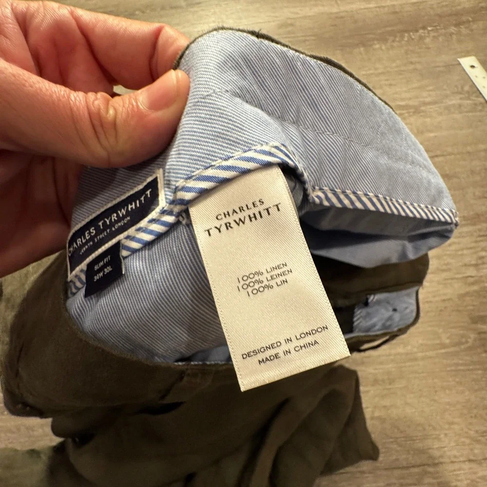 Charles Tyrwhitt Pants Men 34 Green Linen Slim Fit Summer Casual Preppy 34x27